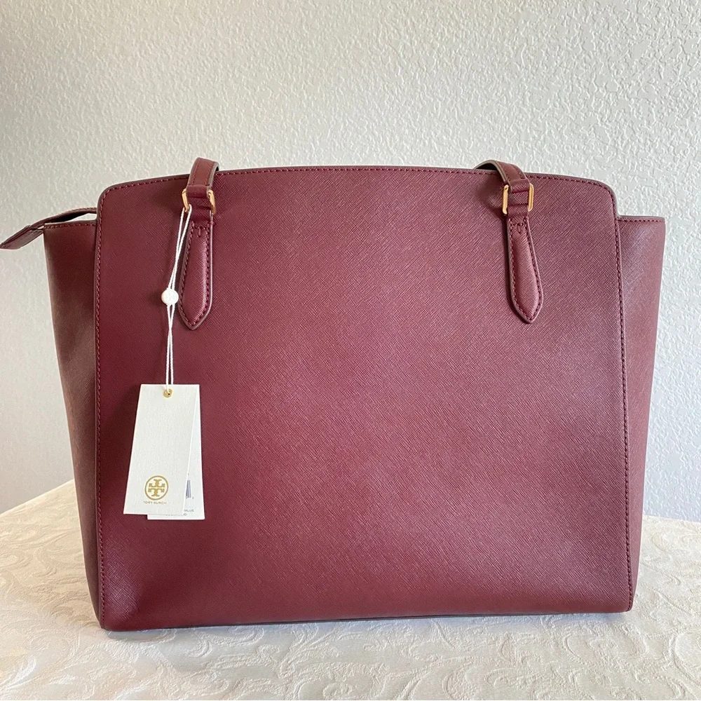 Tory Burch burgundy Saffiano leather Top Zip Tote Bag